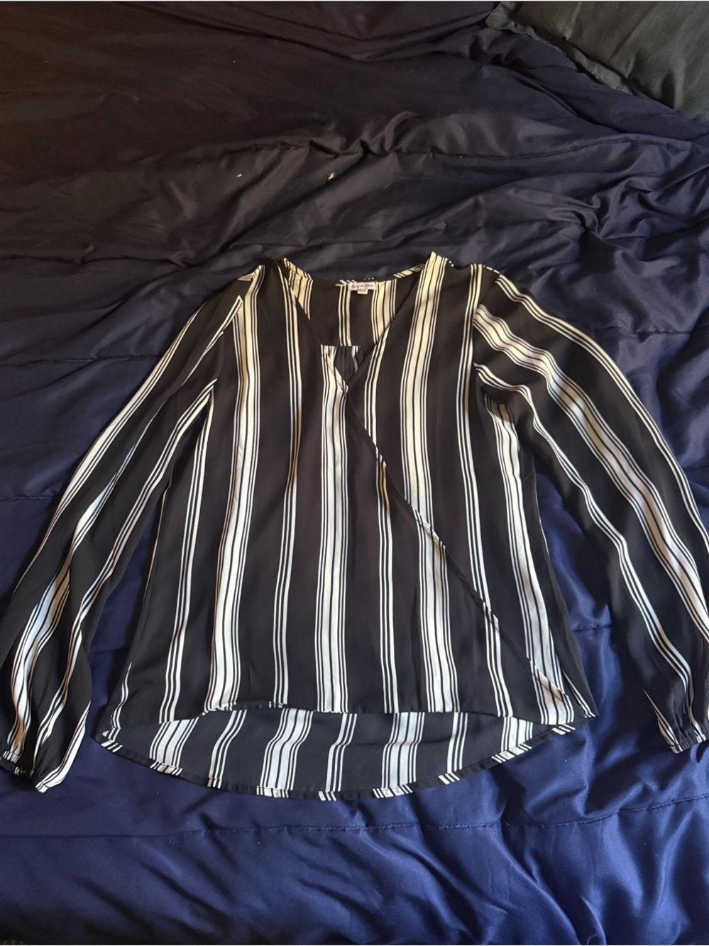 love, Fire Black and White Vertical Stripe V-Neck Blouse